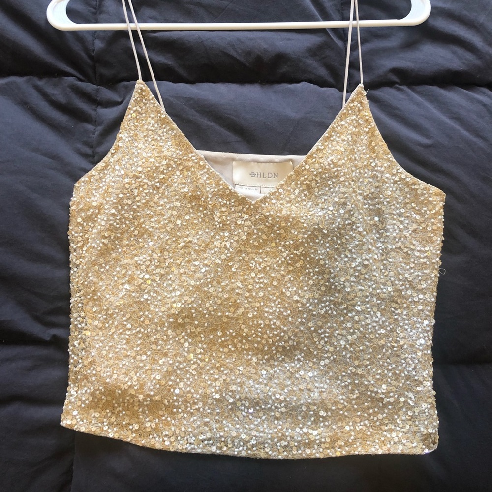 Gold sequined cropped top from BHLDN.